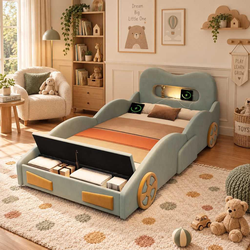 Letto a macchina per bambini 90 x 200 cm; velluto verde; luce da lettura e contenitore