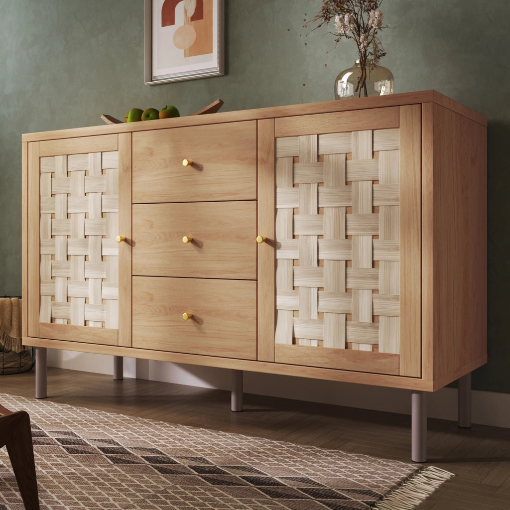 Credenza 120x40x75 cm con 2 ante; 3 cassetti e ripiani regolabili effetto rovere HOMVRA