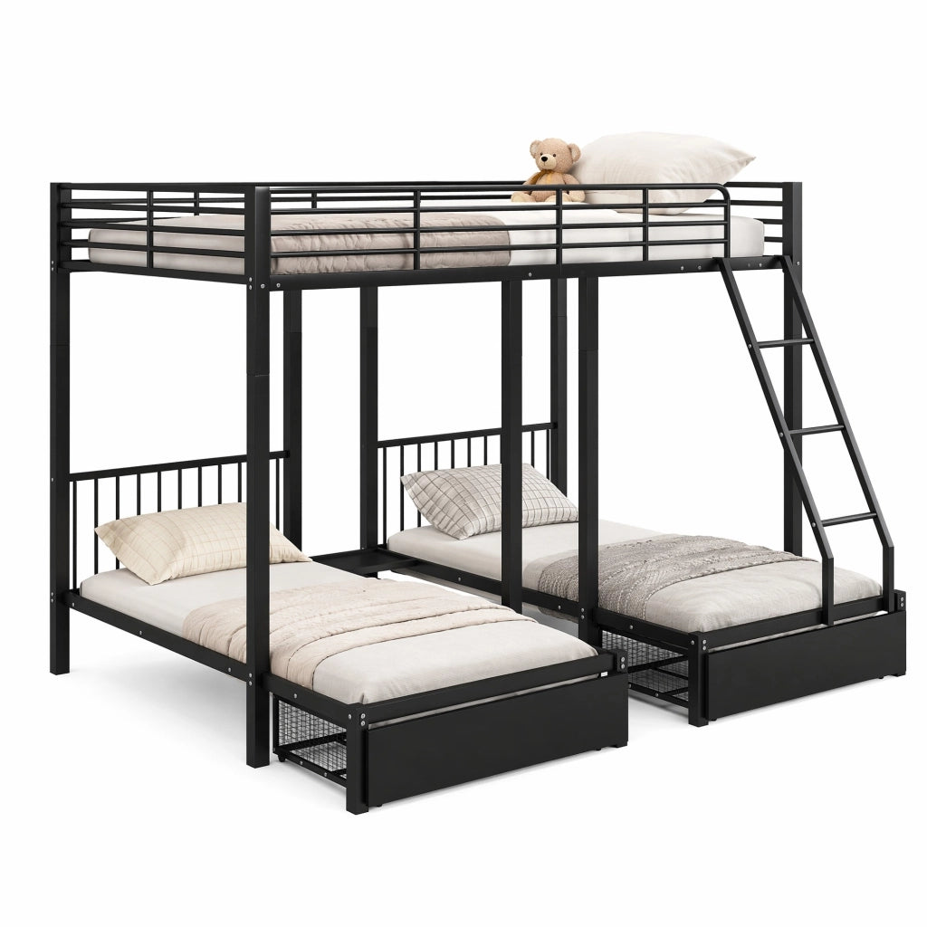 Letto a castello triplo 140x200 cm nero in metallo, con 2 cassetti e divisibile