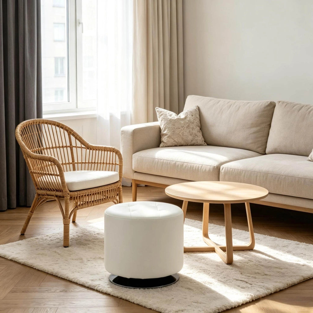 Pouf poggiapiedi rotondo girevole in PU bianco con struttura in acciaio cromato, Ø 45,5 cm