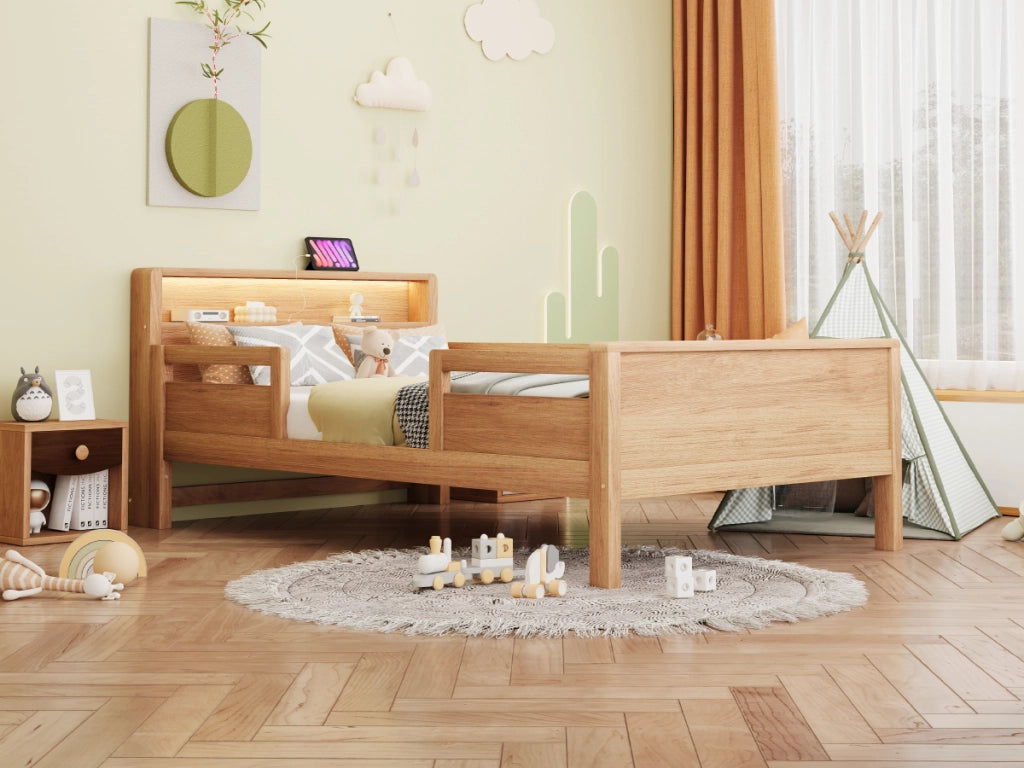 Letto per bambini multifunzione 90 × 200 cm in legno di pino con luce LED ricarica USB e Tape-C ripiano