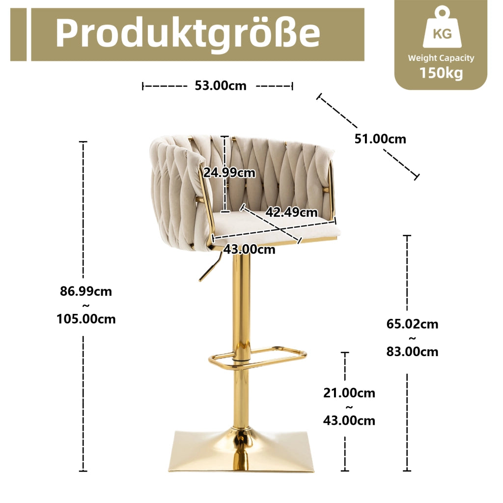 SGABELLO BAR Girevole Regolabile 53x51x87-105 cm Velluto Avorio
