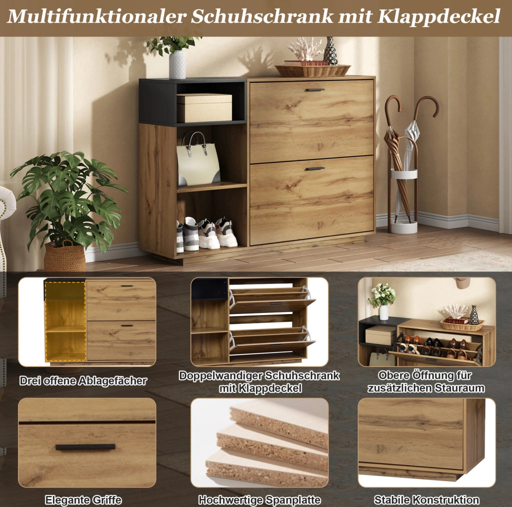 Scarpiera in MDF con 3 vani aperti e 2 scomparti a ribalta; 120 ¡Á 32 ¡Á 84;5 cm; naturale e nero
