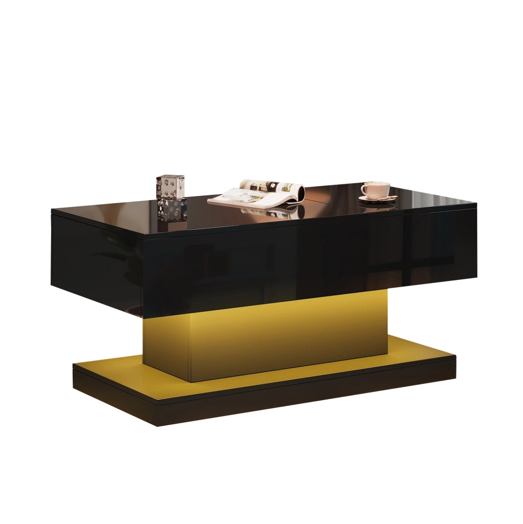 Tavolino da salotto con sollevamento idraulico; LED e contenitore 100x50x45 cm; nero lucido