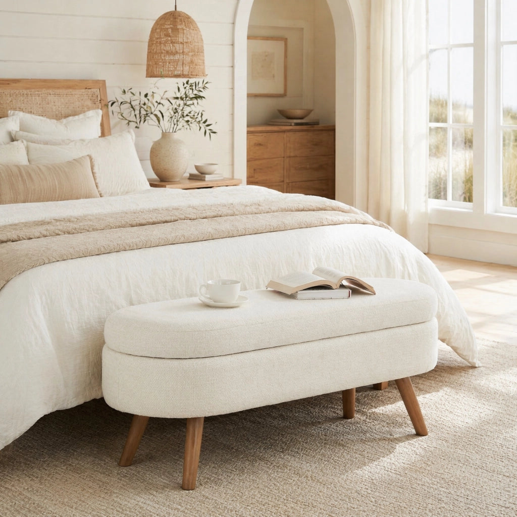 Panca contenitore 110 x 40 x 42 cm in MDF e ciniglia beige