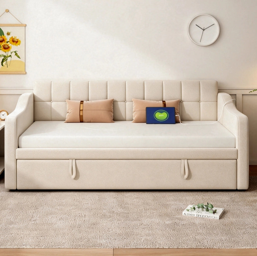 Divano letto 2 in 1 in velluto beige 90x190 cm con porta USB e spazio contenitivo