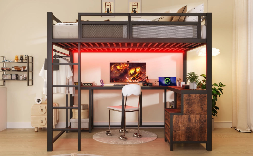 Letto a Soppalco 140x200 cm con Scrivania; LED; USB; Contenitore; Scala e Sponde; Nero