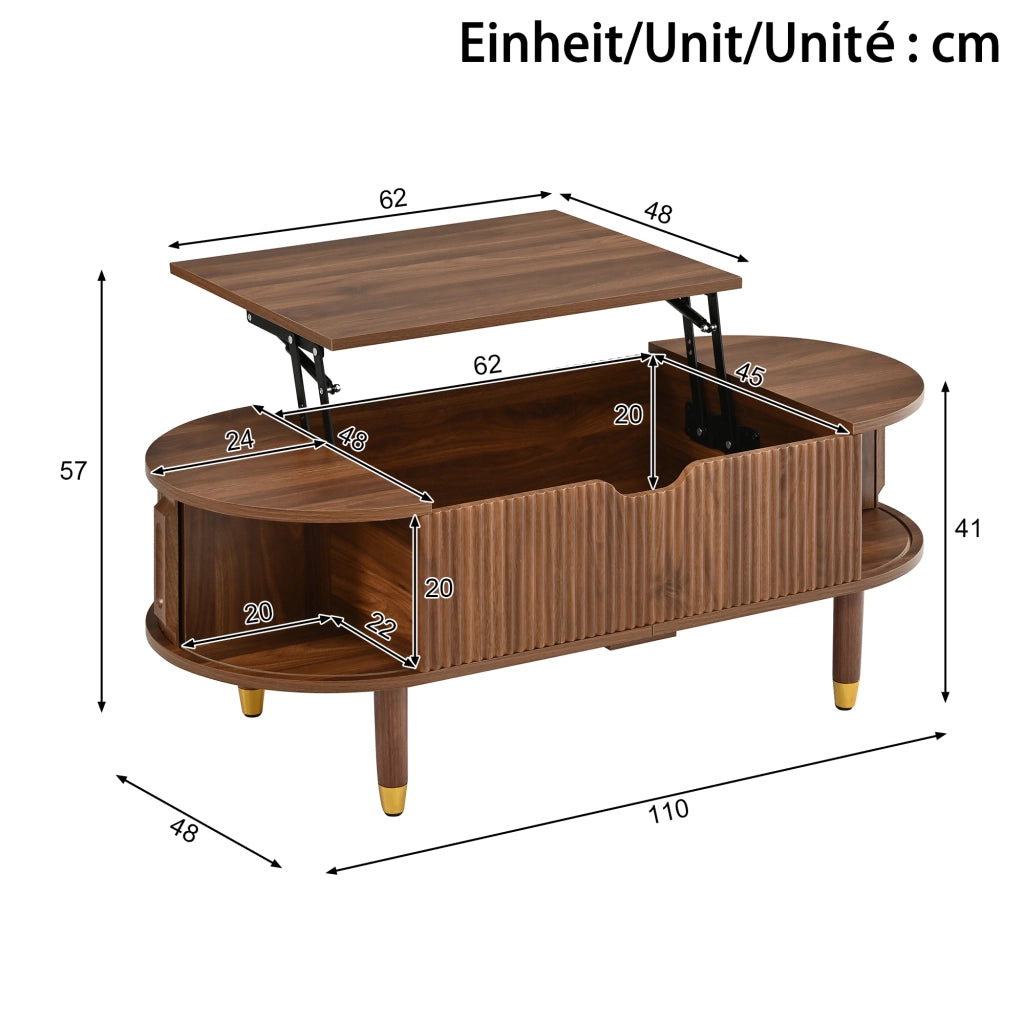 Tavolino da salotto con piano elevabile, ovale, MDF, colore noce, 110 x 48 x 57 cm