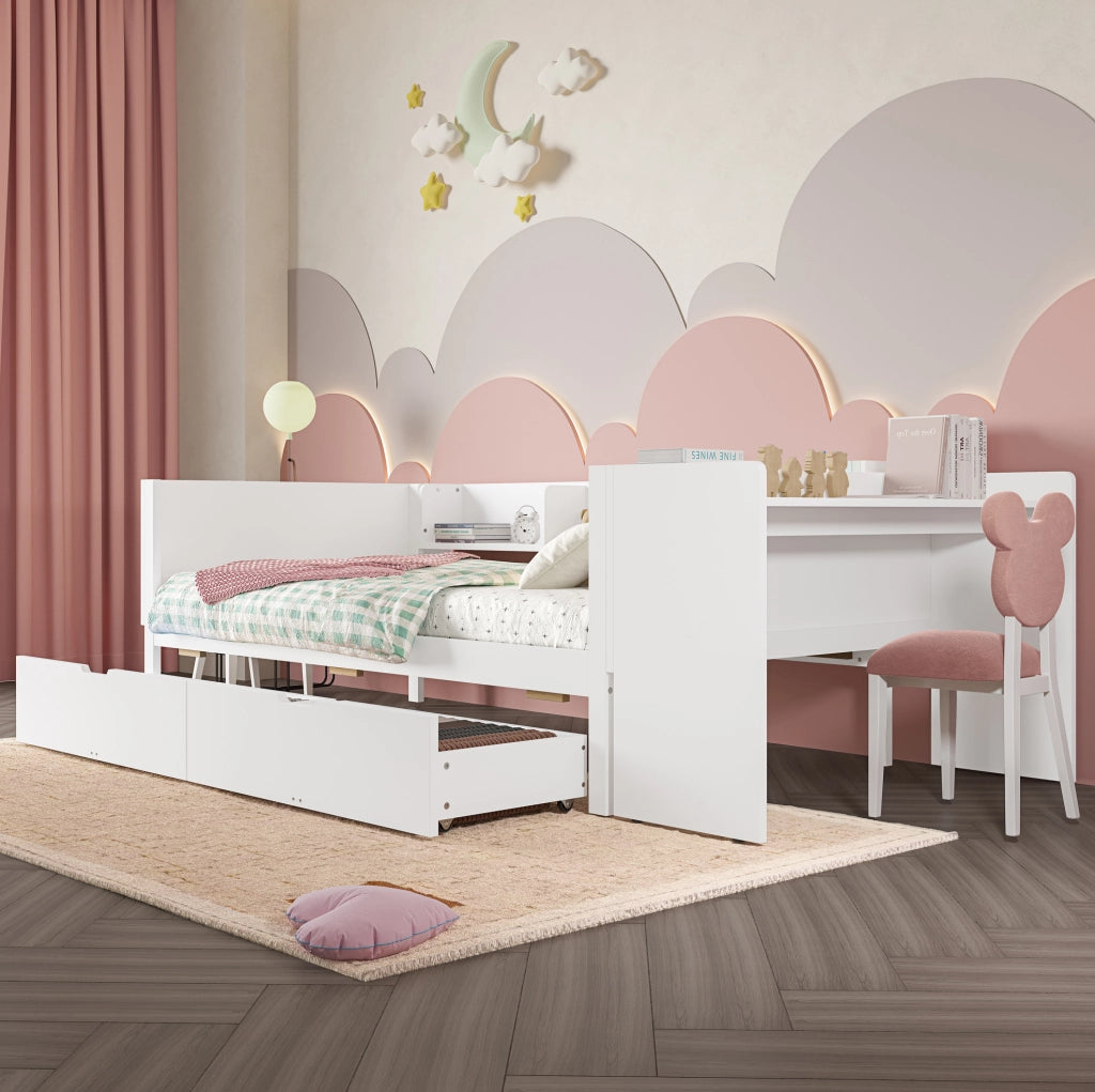 Letto singolo 90x200 cm bianco con scrivania, 2 cassetti e 3 ripiani