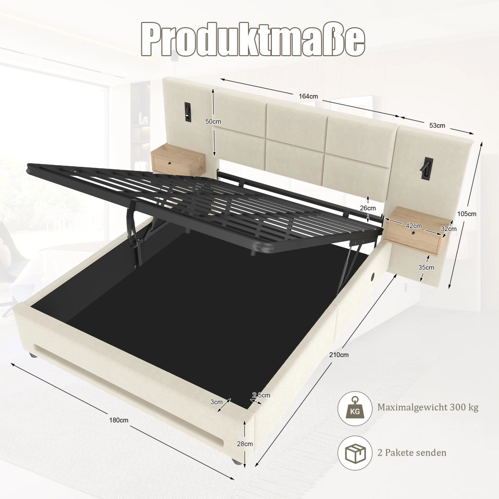Letto contenitore 180 × 200 cm con testiera in velluto; cassetti; LED; USB-C e rete a 12 doghe in acciaio beige