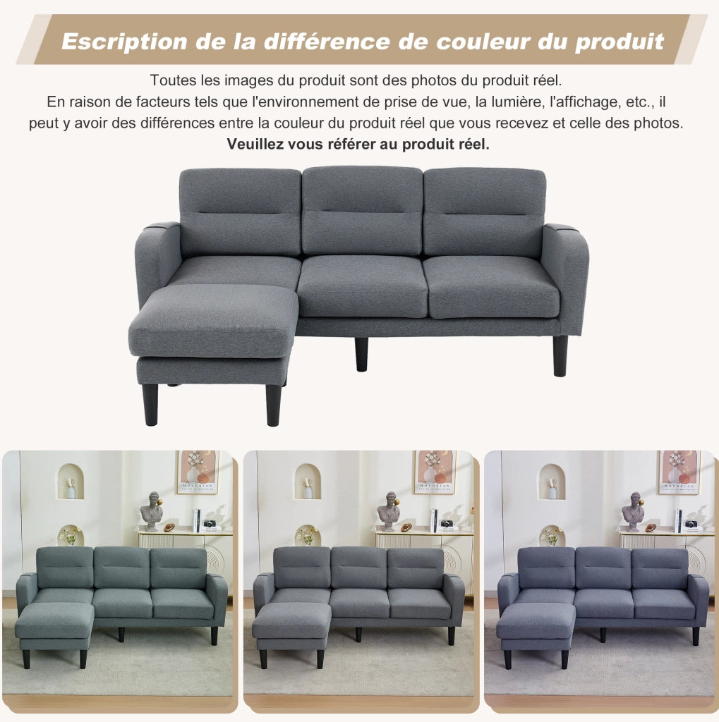 Divano angolare a L 3 posti con chaiselongue grigio 204x136x80 cm con tasche laterali e 10 piedi