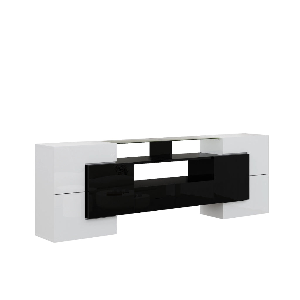 Mobile TV moderno 200x35x60 cm con LED multicolore; 6 ante e 2 cassetti bianco e nero