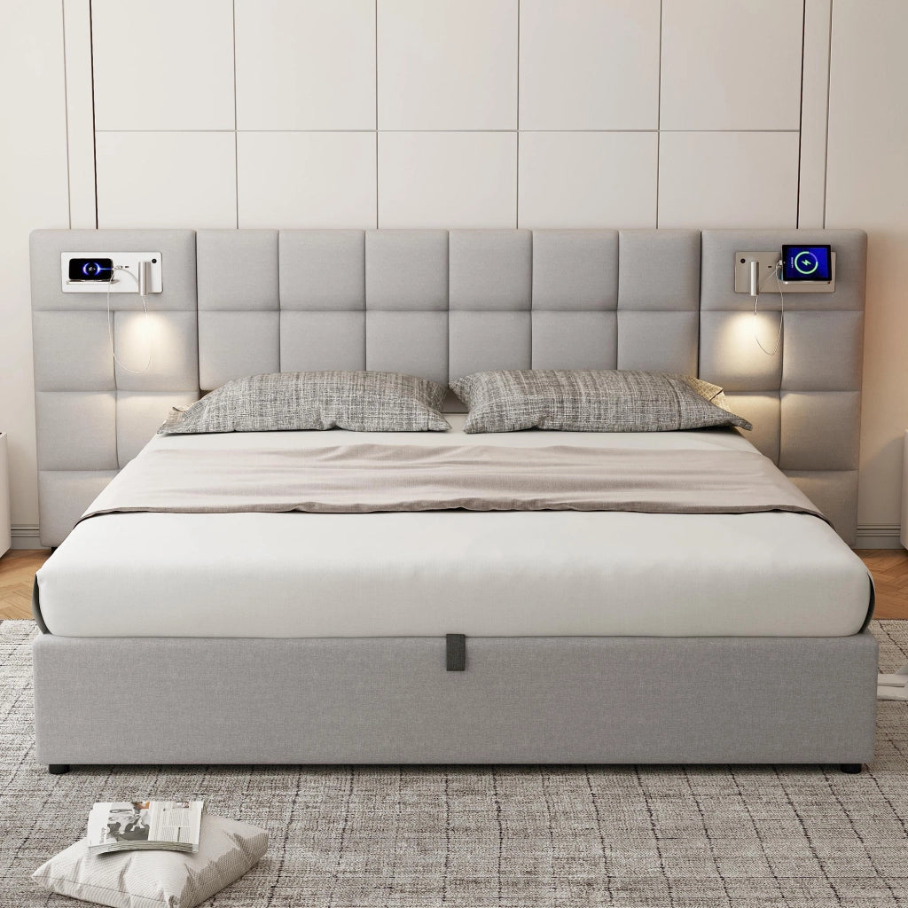 LETTO Contenitore Idraulico 180x200 cm Lino Grigio USB Ricarica Wireless Luce