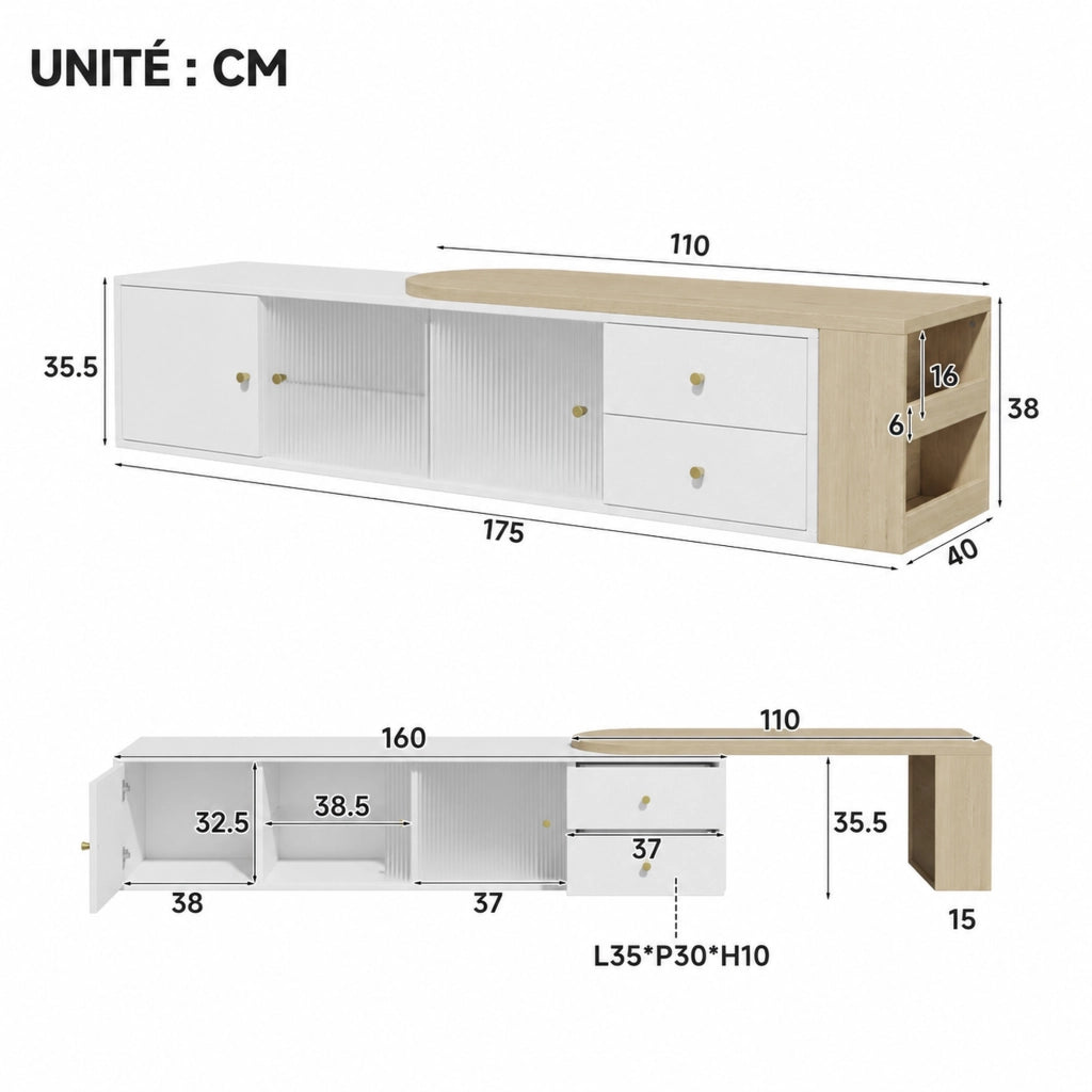 Mobile TV ULEVR estensibile 175x40x35,5 cm con LED RGB, 2 cassetti e ante scorrevoli in vetro, bianco e naturale