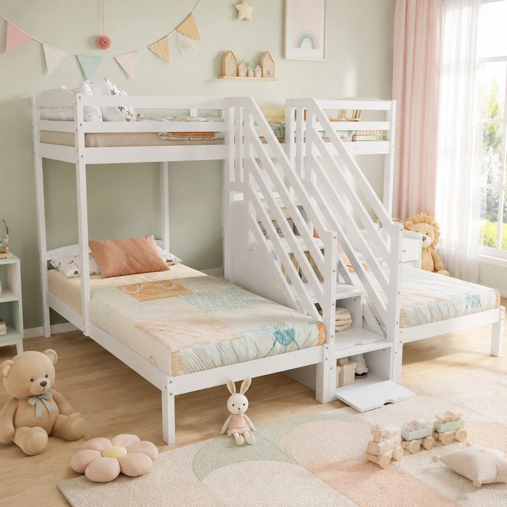 Letto a castello a tre letti 90 × 200 cm in legno di pino e MDF bianco con scala contenitore e sponde