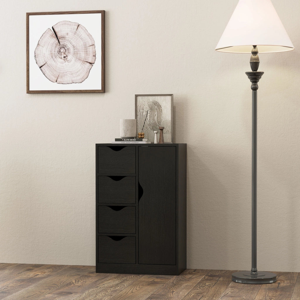 Credenza in legno con 1 anta e 4 cassetti, mobile contenitore nero salvaspazio per soggiorno e cucina, robusto