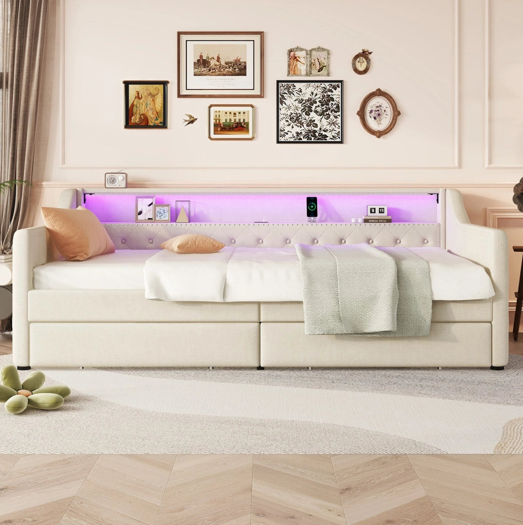 Daybed 90x200 cm con luci LED; USB e 2 cassetti; lino beige