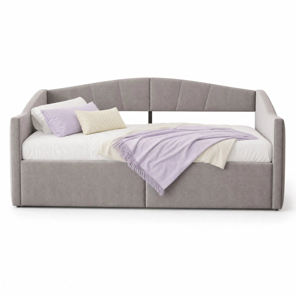 Letto singolo imbottito 90 ¡Á 200 cm con contenitore idraulico rete a doghe in velluto grigio chiaro con braccioli
