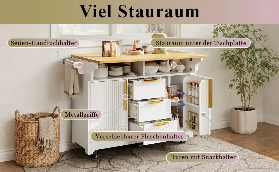 Isola Cucina Multifunzione con Estensione Tavolo, Piani Ribaltabili Bilaterali, Ante a Motivo Verticale, Ampio Spazio con Cassetti, Credenza su Ruote