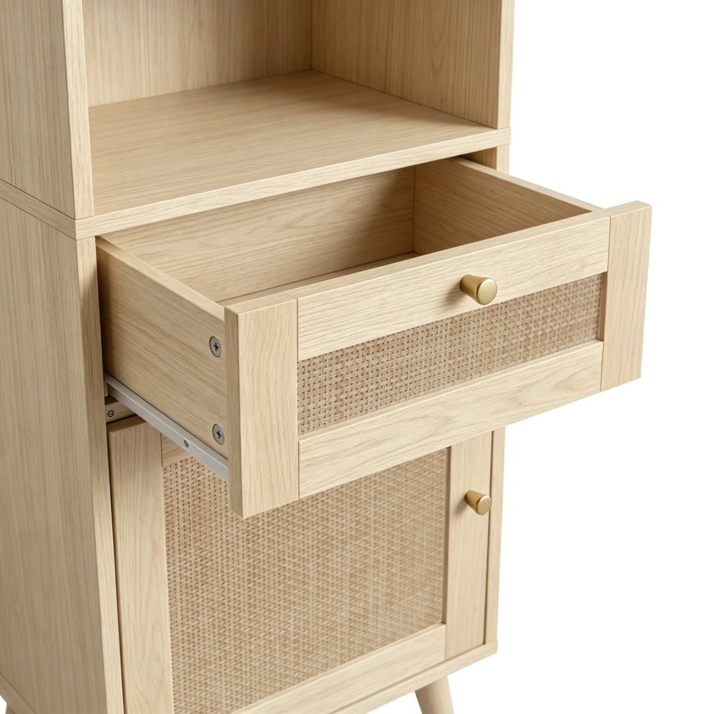 Colonna da bagno autoportante 166 cm con ante in rattan reversibili e cassetto, finitura legno naturale, 40×30×166 cm