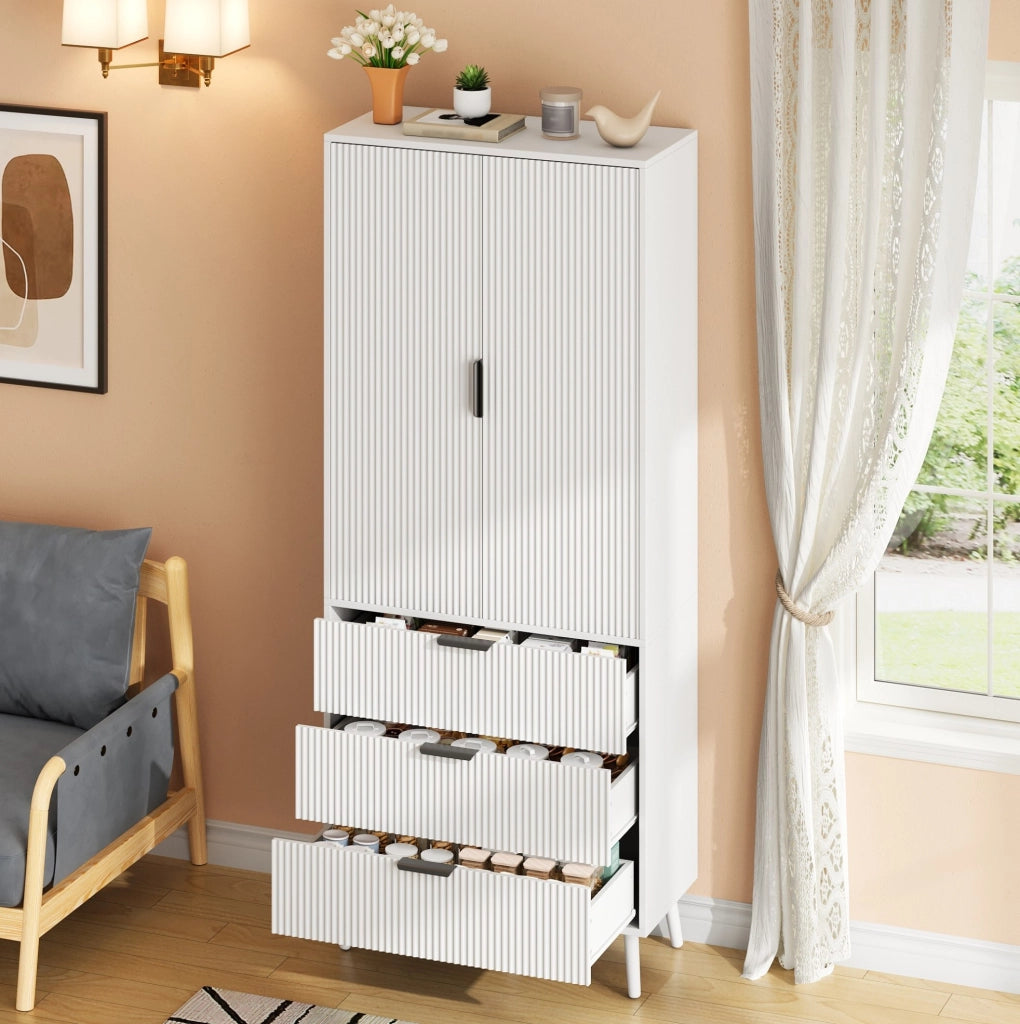 Mobile dispensa 75x35x180 cm con 2 ante, 3 cassetti e ripiani regolabili in MDF bianco