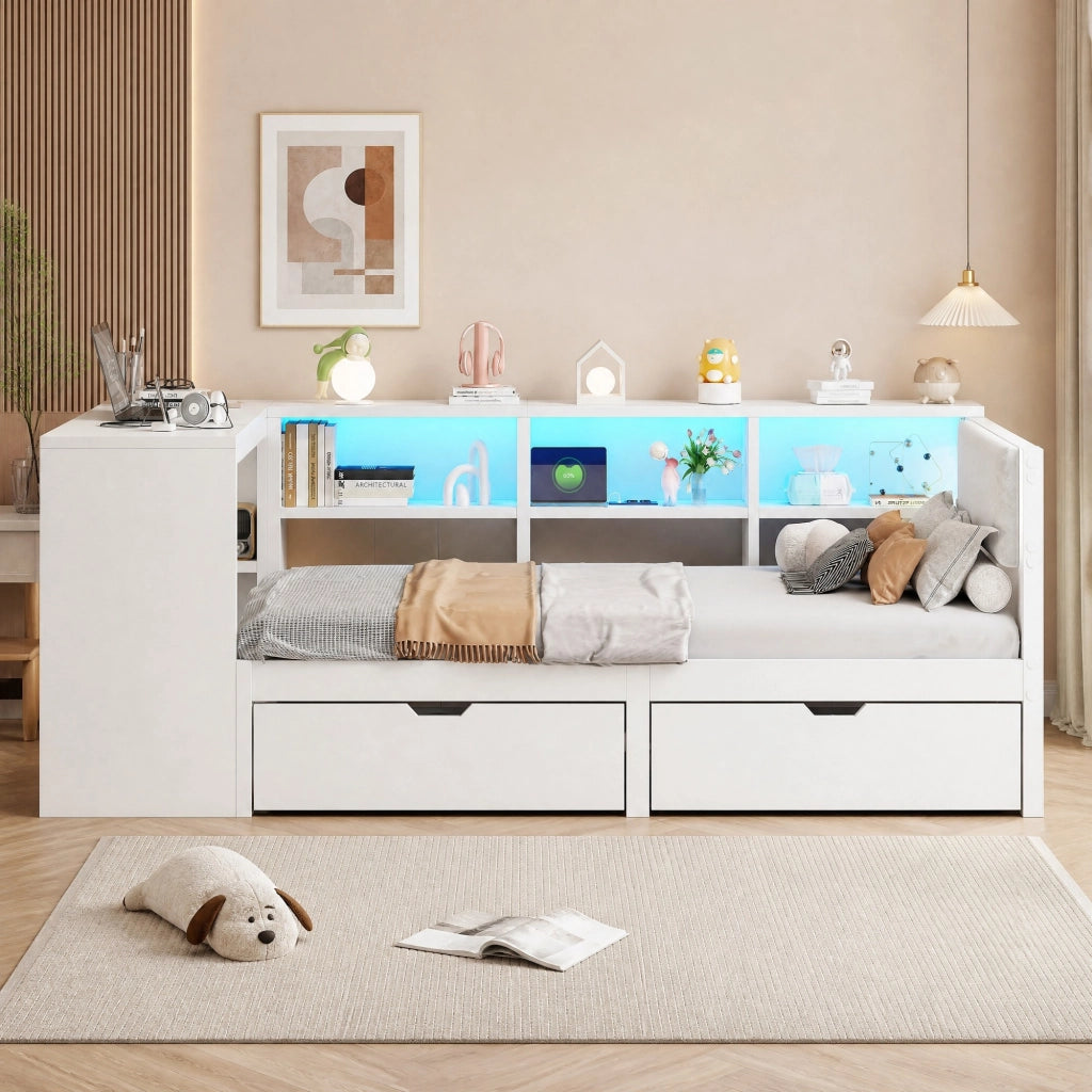 Letto piattaforma 90x200 cm in MDF bianco con contenitore, senza materasso