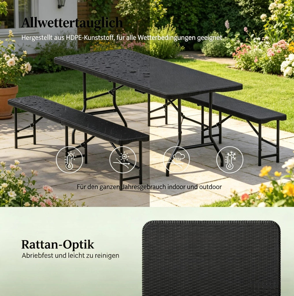 Set Mobili da Giardino Pieghevole 8-10 Persone con Tavolo 180x74x70 cm e 2 Panche, Nero, in HDPE e Metallo
