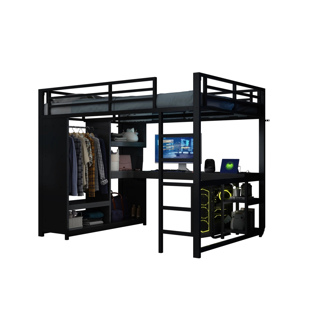 Letto a soppalco 140 × 200 cm con scrivania armadio aperto ripiani LED e stazione di ricarica in metallo nero