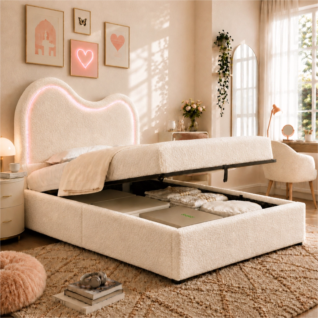 Letto singolo per bambini 90 ¡Á 200 cm con vano contenitore idraulico rete a doghe testiera boucl¨¦ bianco