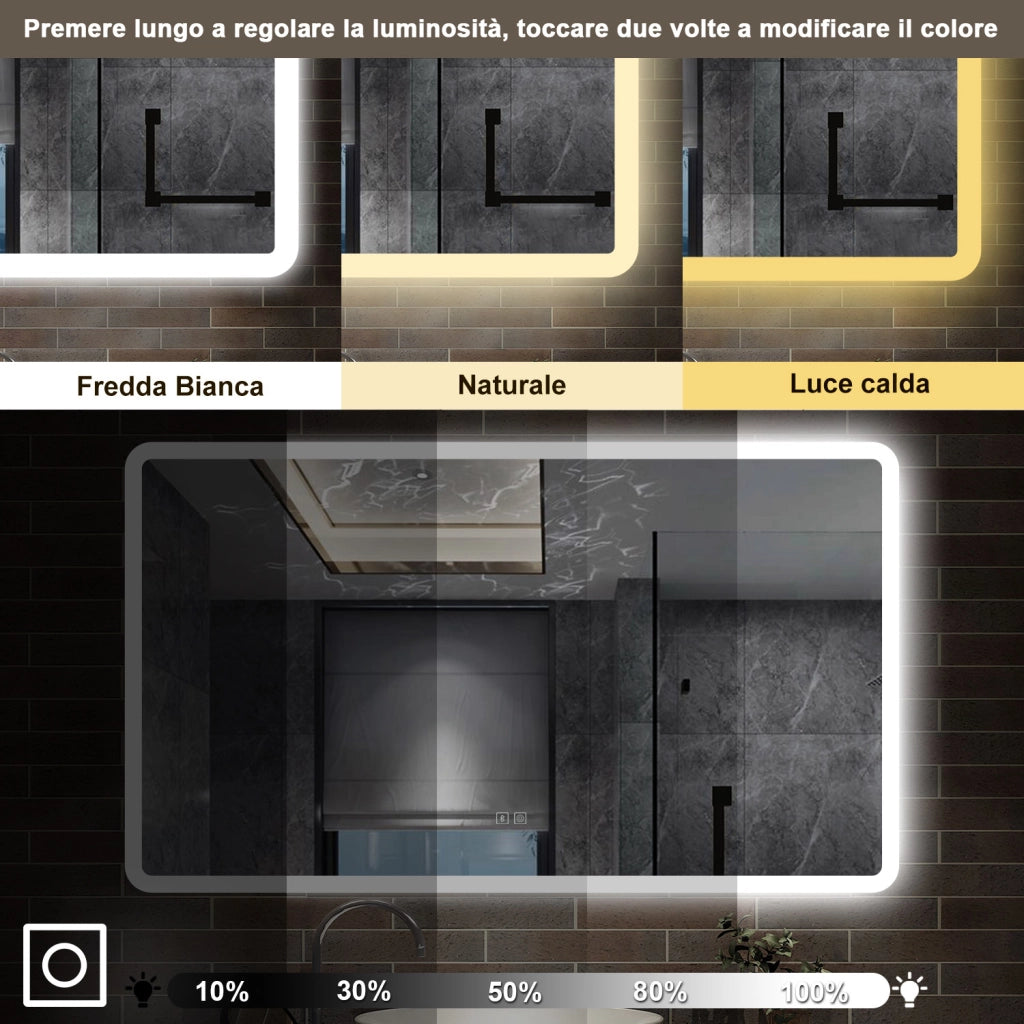 specchio rettangolare 100 x 60 cm con luce led a 3 colori, antiappannamento e touch, bluetooth