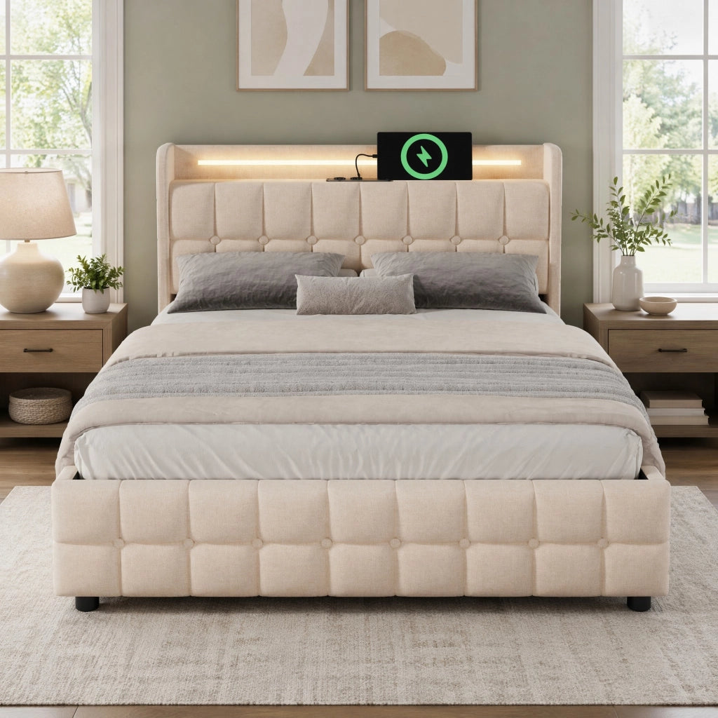 Letto con cassetti 180 × 200 cm con testiera rivestita in lino LED prese USB quattro cassetti beige rete a doghe