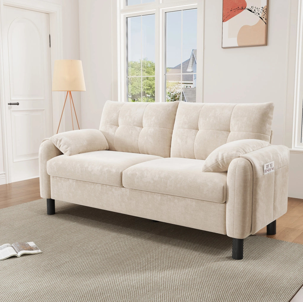 Divano modulare 2 posti in chenille beige con tasche laterali; 158 x 80 x 88;5 cm