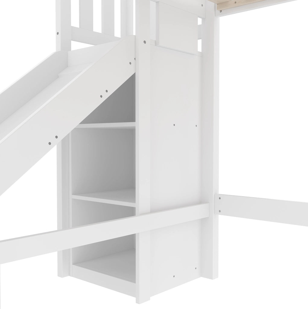 Letto a castello singolo in pino con scivolo, LED e ripiani, bianco, 90x200 cm