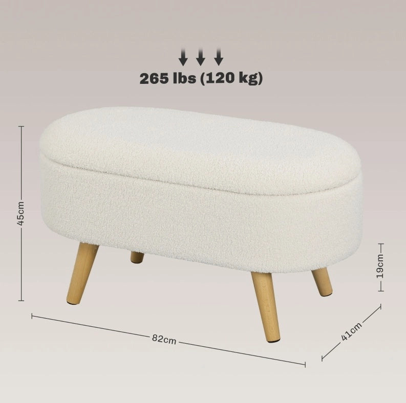 Panca con contenitore e coperchio in legno e tessuto bianco, 82x41x45 cm, per ingresso, soggiorno e camera da letto