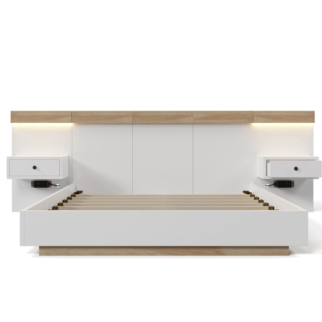 Set letto completo; 180x200cm; con 2 comodini LED e USB C; bianco quercia