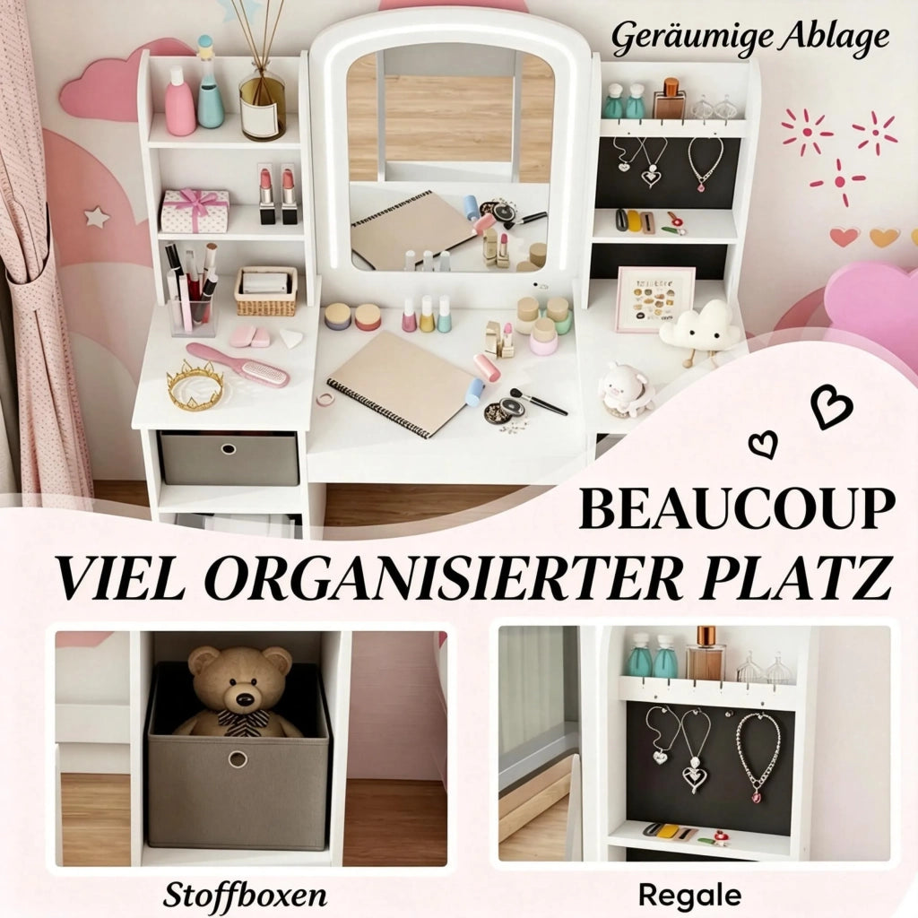 Set parrucchiere per bambini con sgabello e specchio LED, tavolo da trucco per età 3-8 anni