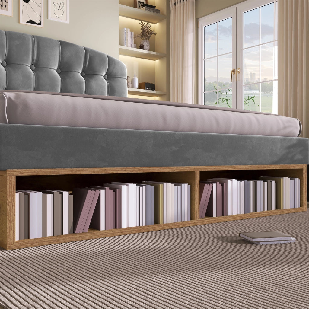 Letto con cassetti 140 × 190 cm con testiera regolabile rivestito in velluto grigio e rete a doghe