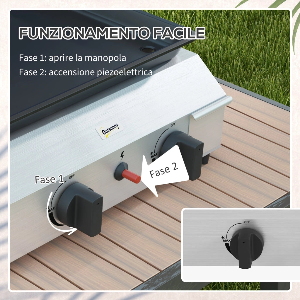 Piastra Barbecue a Gas con 2 Bruciatori Regolabili 4.8kW, Piano Antiaderente Compatto per Giardino ed Esterno, Argento
