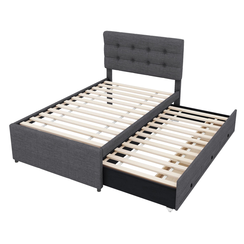 Letto singolo 90x200 cm con letto estraibile 90x190 cm, 3 cassetti e rivestimento in lino grigio