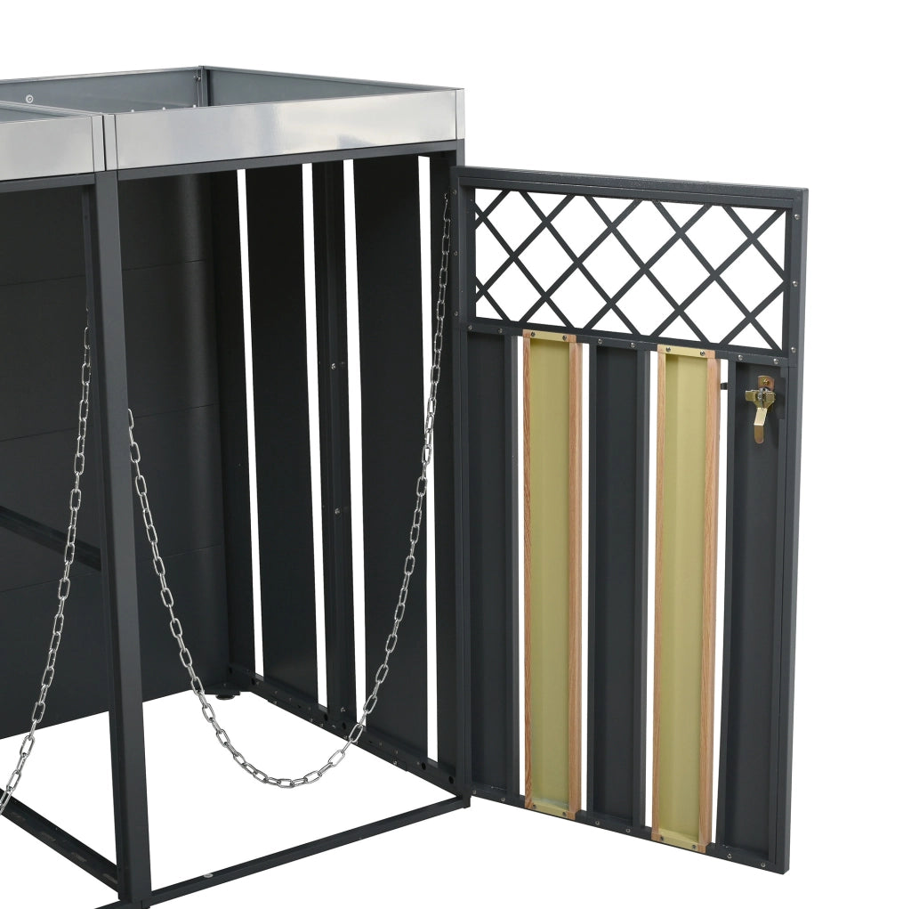 Armadio per bidoni raccolta differenziata con fioriera integrata, struttura in acciaio zincato, design con ventilazione a rombi e finitura effetto legno, chiudibile a chiave