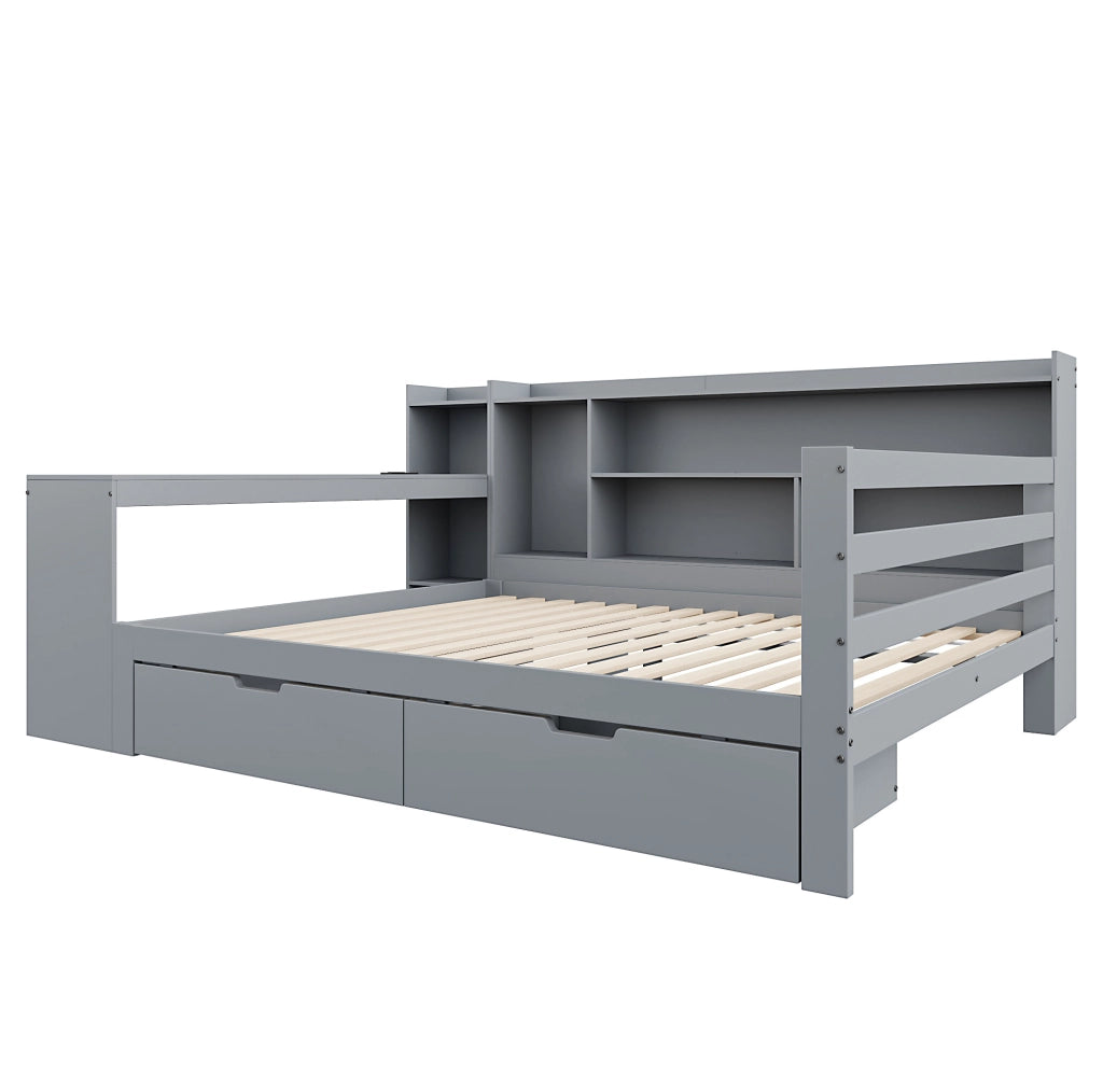 Divano Letto in Legno Massello 140x200 cm con Scrivania, Libreria, Ripiani e Presa di Corrente, Grigio