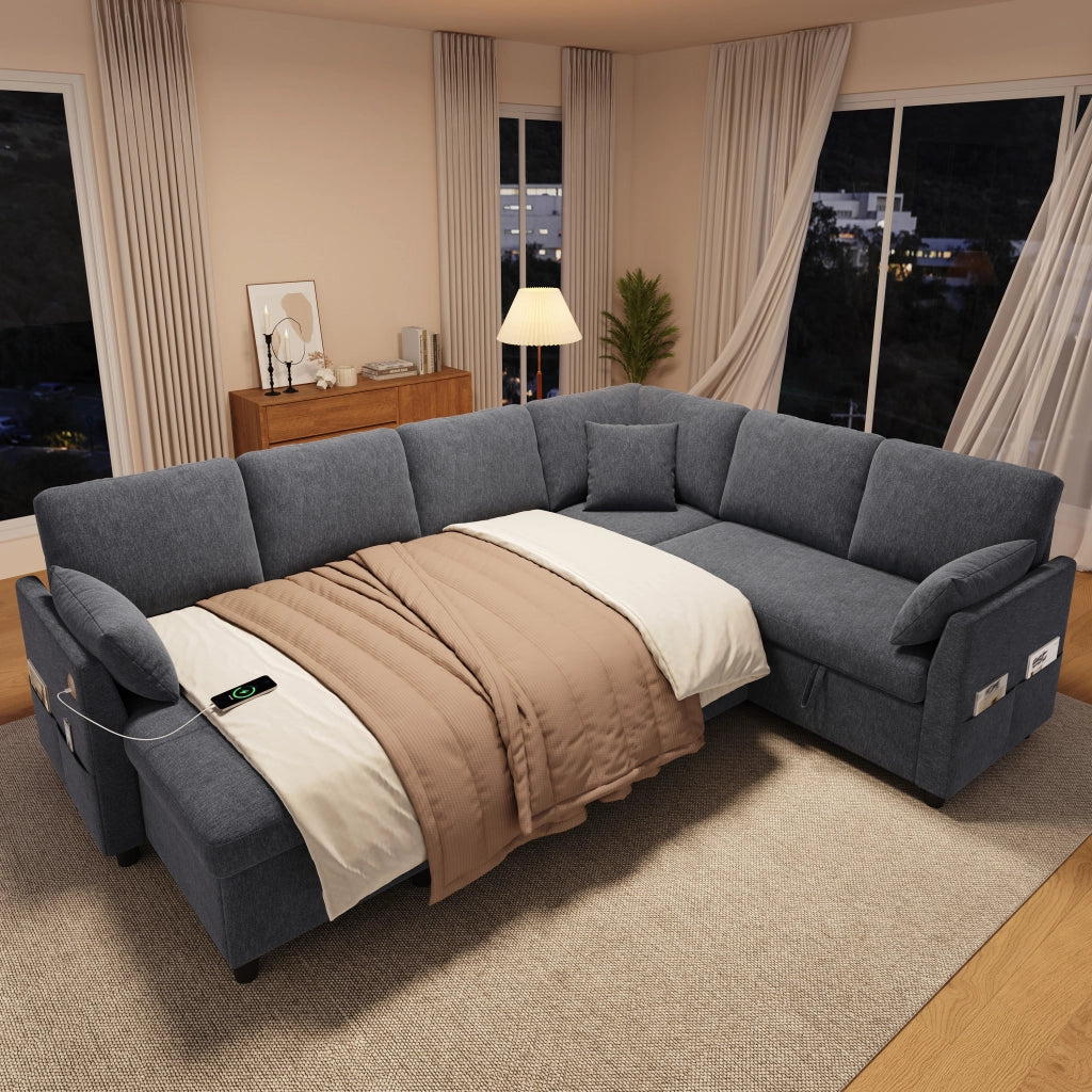 Divano letto angolare grigio con contenitori; chaise longue reversibile; USB e USB-C