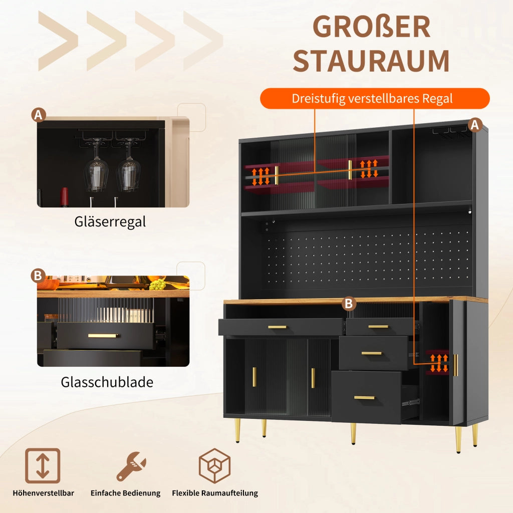 Credenza con ante scorrevoli in vetro LED controllabili via app portabottiglie e bacheca nera 145 × 39 × 171 cm