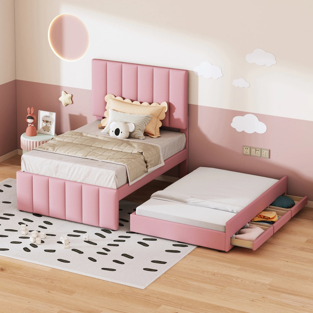 Letto con letto estraibile 90 × 200 cm con letto supplementare 90 × 190 cm e 3 cassetti rivestito in lino rosa