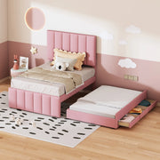 Letto con letto estraibile 90 × 200 cm con letto supplementare 90 × 190 cm e 3 cassetti rivestito in lino rosa