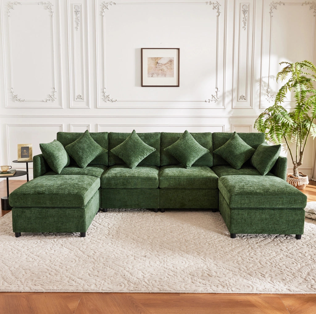 Divano modulare in tessuto Chenille con 2 pouf e 6 cuscini, trasformabile in forme a U e L, 278x161x81 cm, per soggiorno e appartamenti