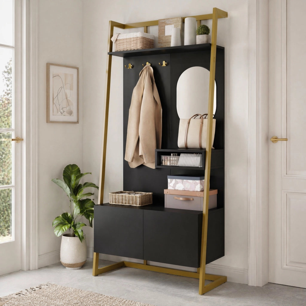 Mobile guardaroba compatto con specchio; ganci e panca portascarpe; 78 ¡Á 38.5 ¡Á 180.5 cm; nero
