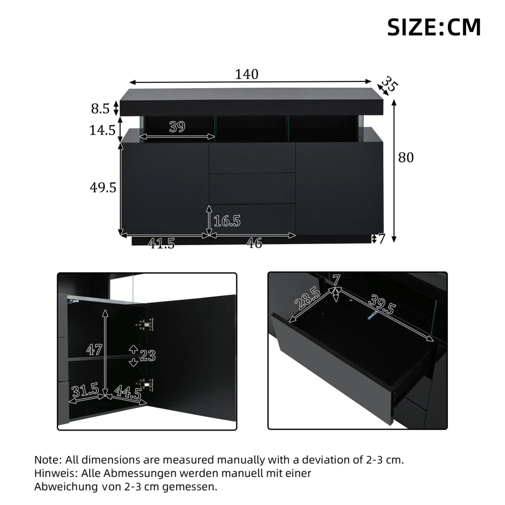 Credenza nera lucida con LED, 3 cassetti e vani contenitore 140x35x80 cm
