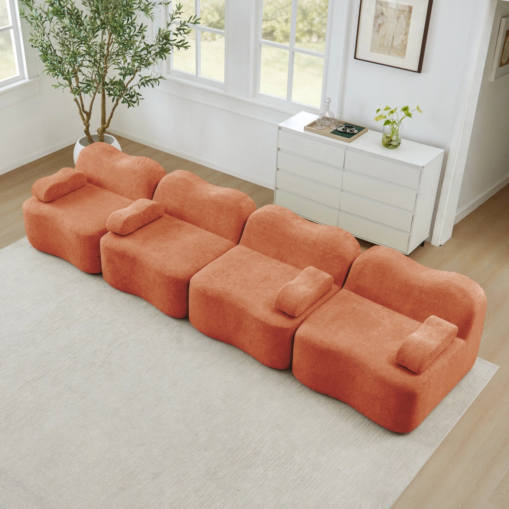 Divano angolare modulare in velluto arancione con pouf collegabile e seduta profonda 384 × 98 × 70 cm