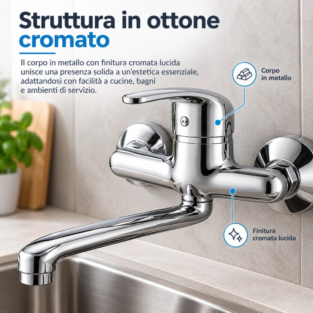 Rubinetto Parete Ottone Cromato Canna Lunga 25 cm Orientabile 69139